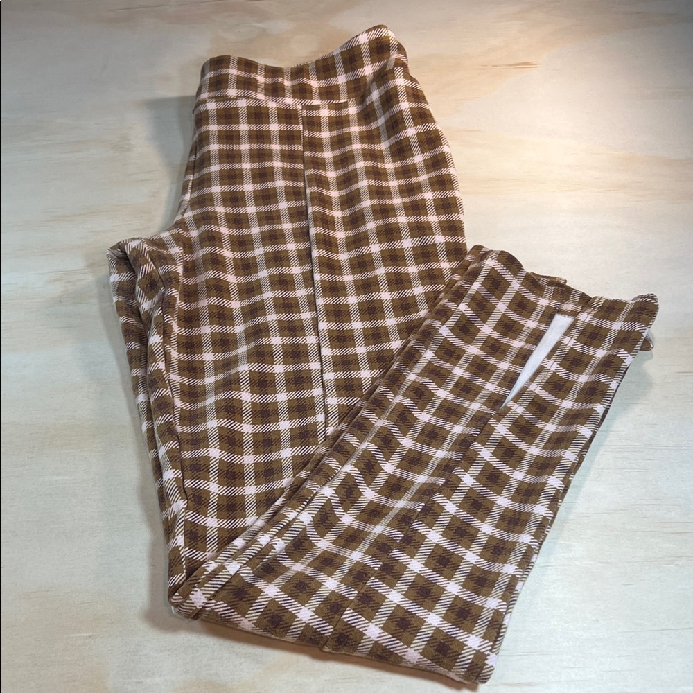 Brown light Pink 70’s style Plaid Pants Sz L